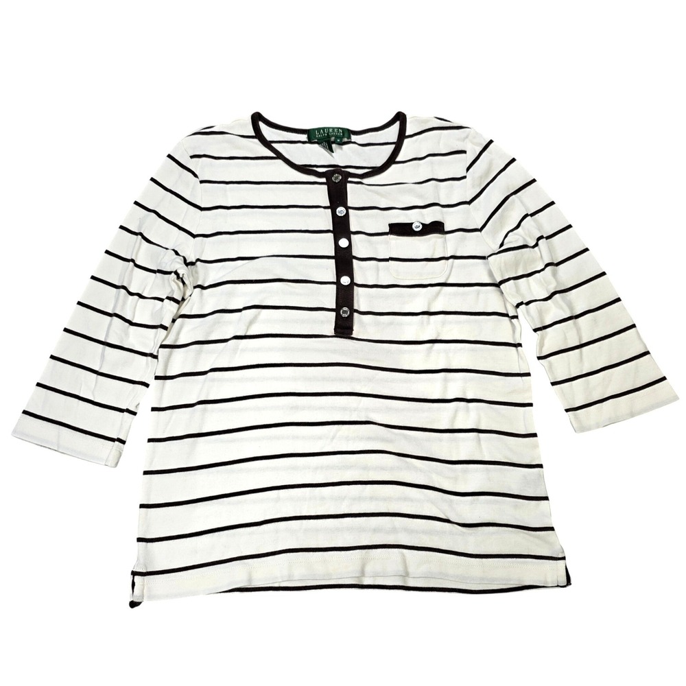 Lauren Ralph Lauren Henley 3/4 Sleeve Top Women's M Brown White Striped Cotton